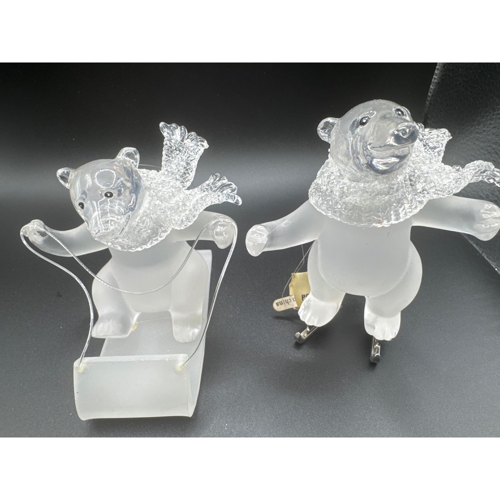 Frosted Acrylic Polar Bear Figurine Set Ice Skating & Sledding Winter Decor 3.5"